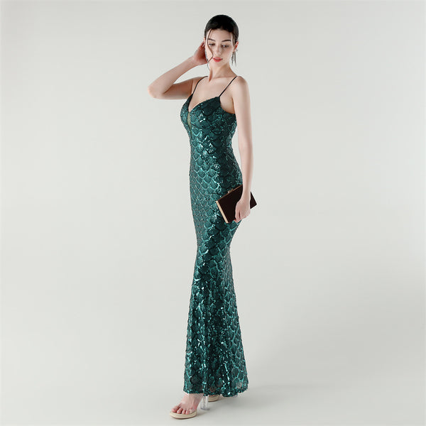 2025 Deep V Fish-Scale Sequin Gown for Formal Events