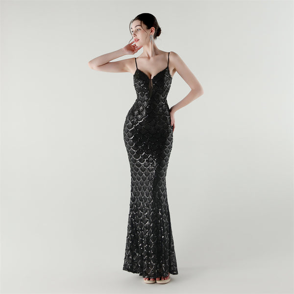 2025 Deep V Fish-Scale Sequin Gown for Formal Events