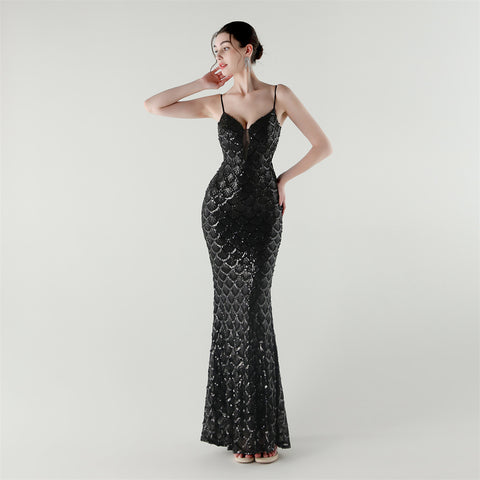 2025 Deep V Fish-Scale Sequin Gown for Formal Events