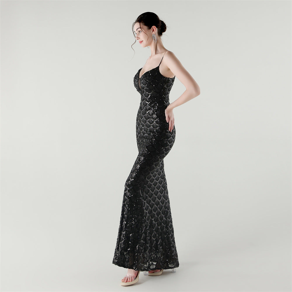 2025 Deep V Fish-Scale Sequin Gown for Formal Events