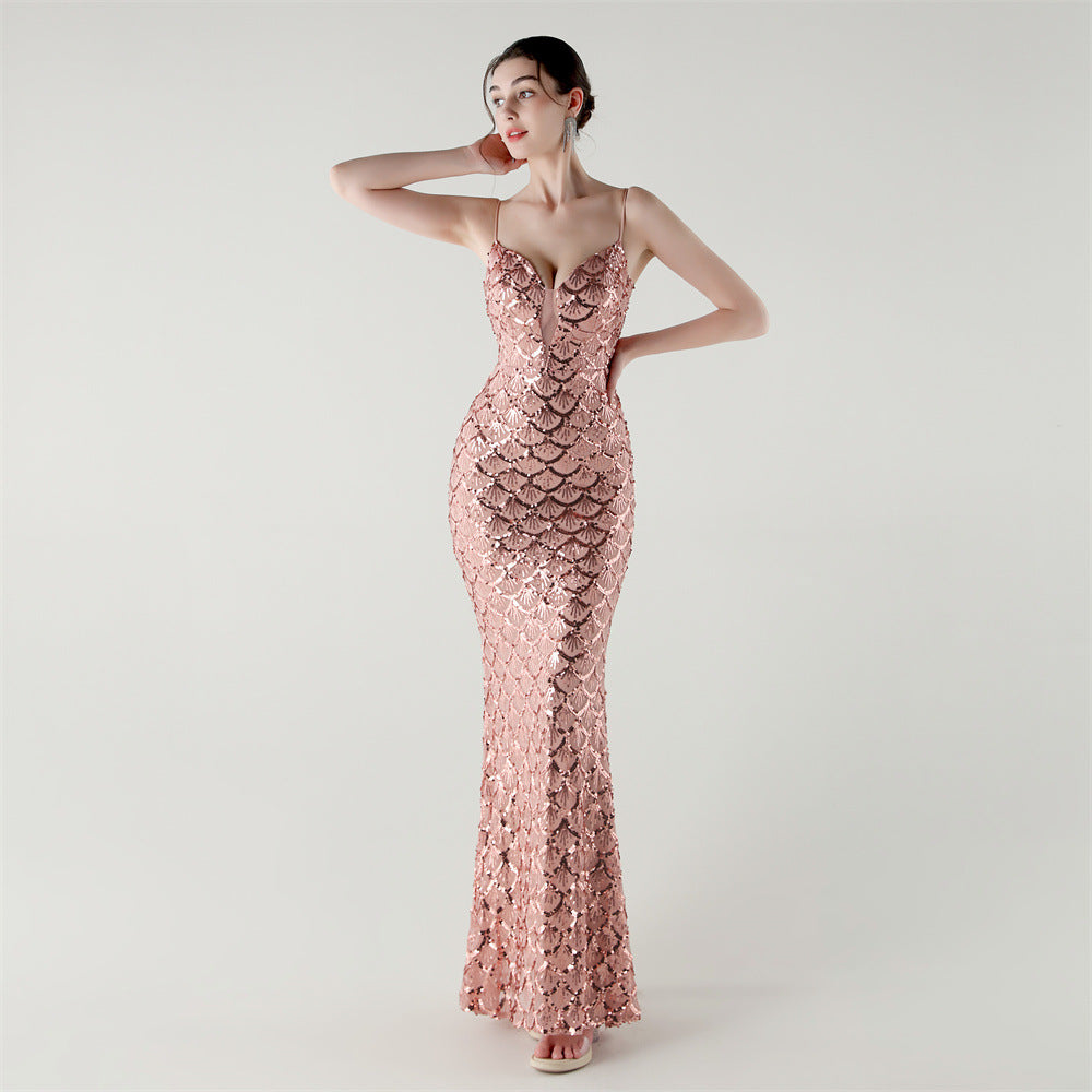 2025 Deep V Fish-Scale Sequin Gown for Formal Events