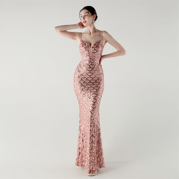 2025 Deep V Fish-Scale Sequin Gown for Formal Events