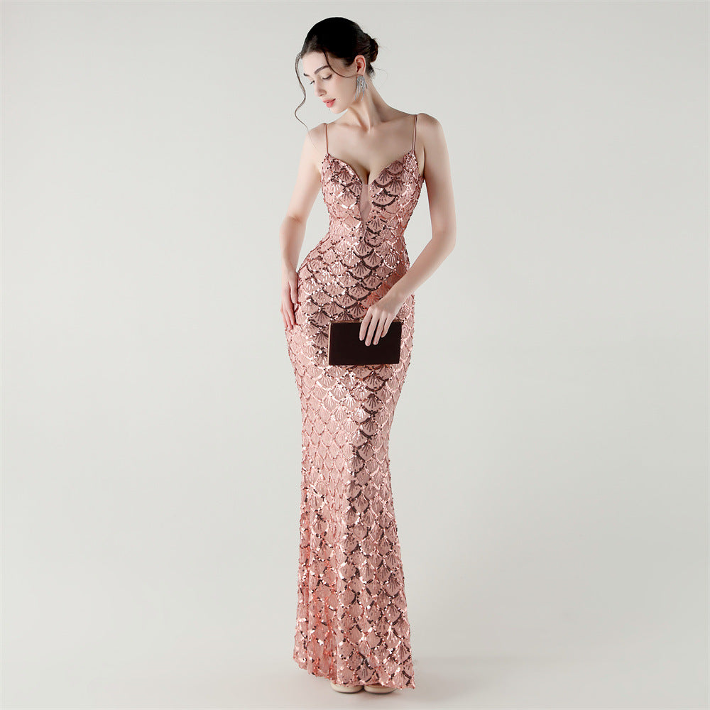 2025 Deep V Fish-Scale Sequin Gown for Formal Events