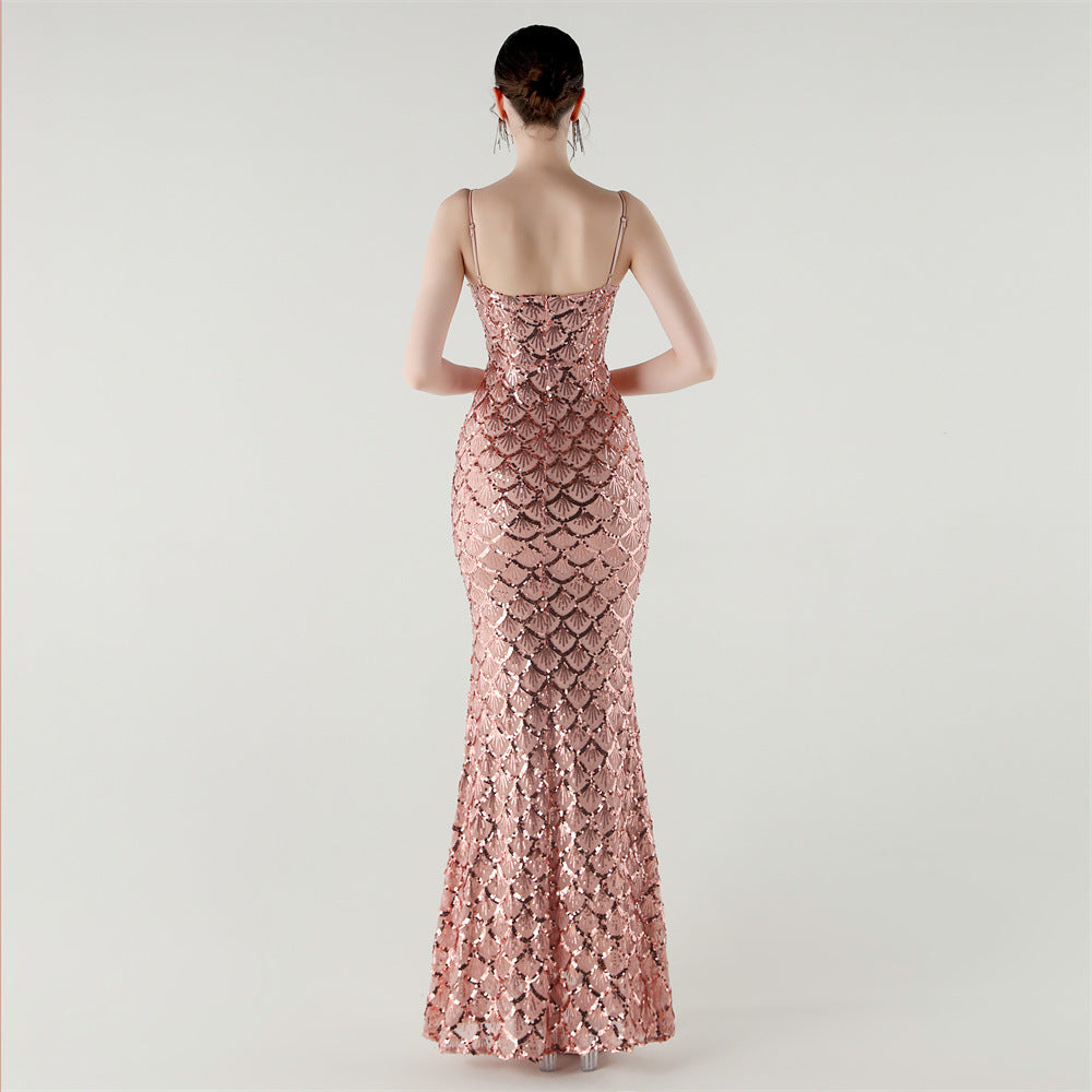 2025 Deep V Fish-Scale Sequin Gown for Formal Events