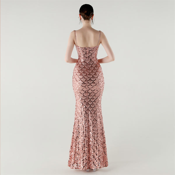 2025 Deep V Fish-Scale Sequin Gown for Formal Events