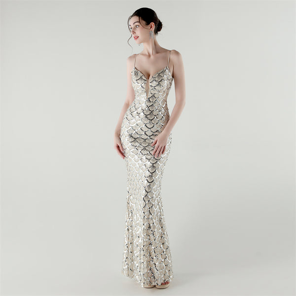 2025 Deep V Fish-Scale Sequin Gown for Formal Events