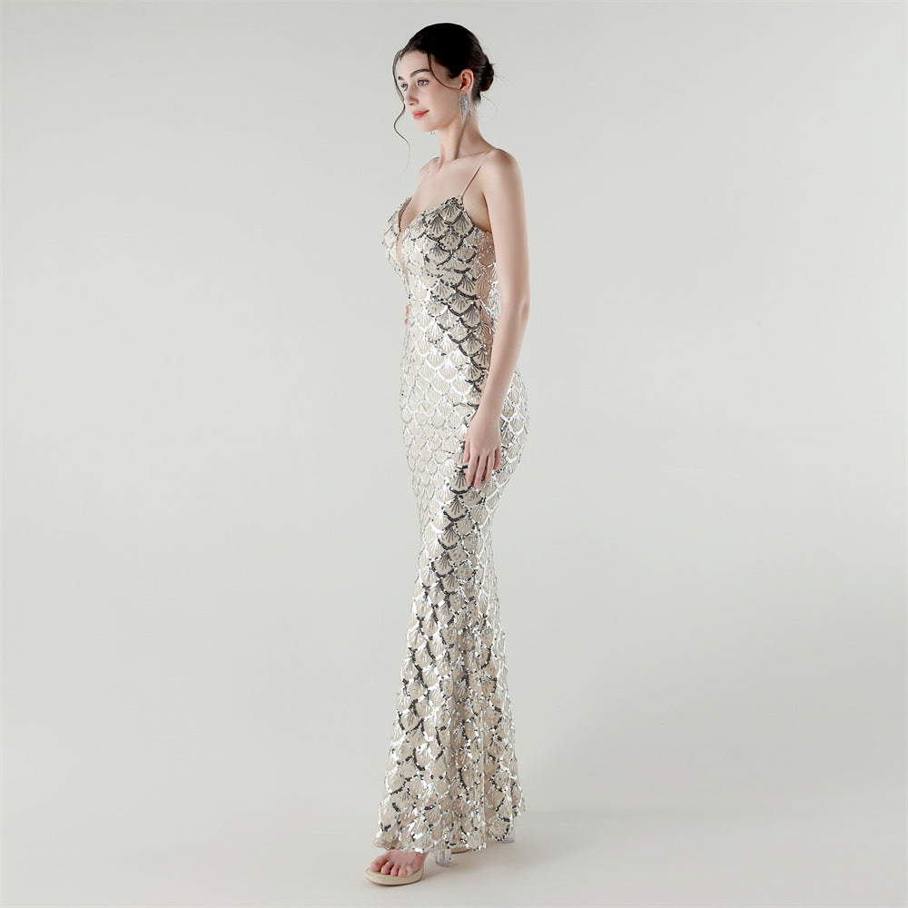 2025 Deep V Fish-Scale Sequin Gown for Formal Events