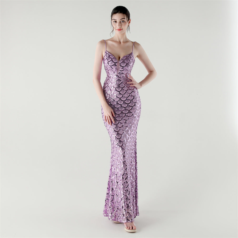 2025 Deep V Fish-Scale Sequin Gown for Formal Events