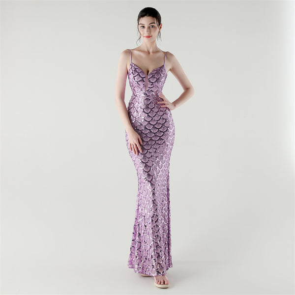 2025 Deep V Fish-Scale Sequin Gown for Formal Events