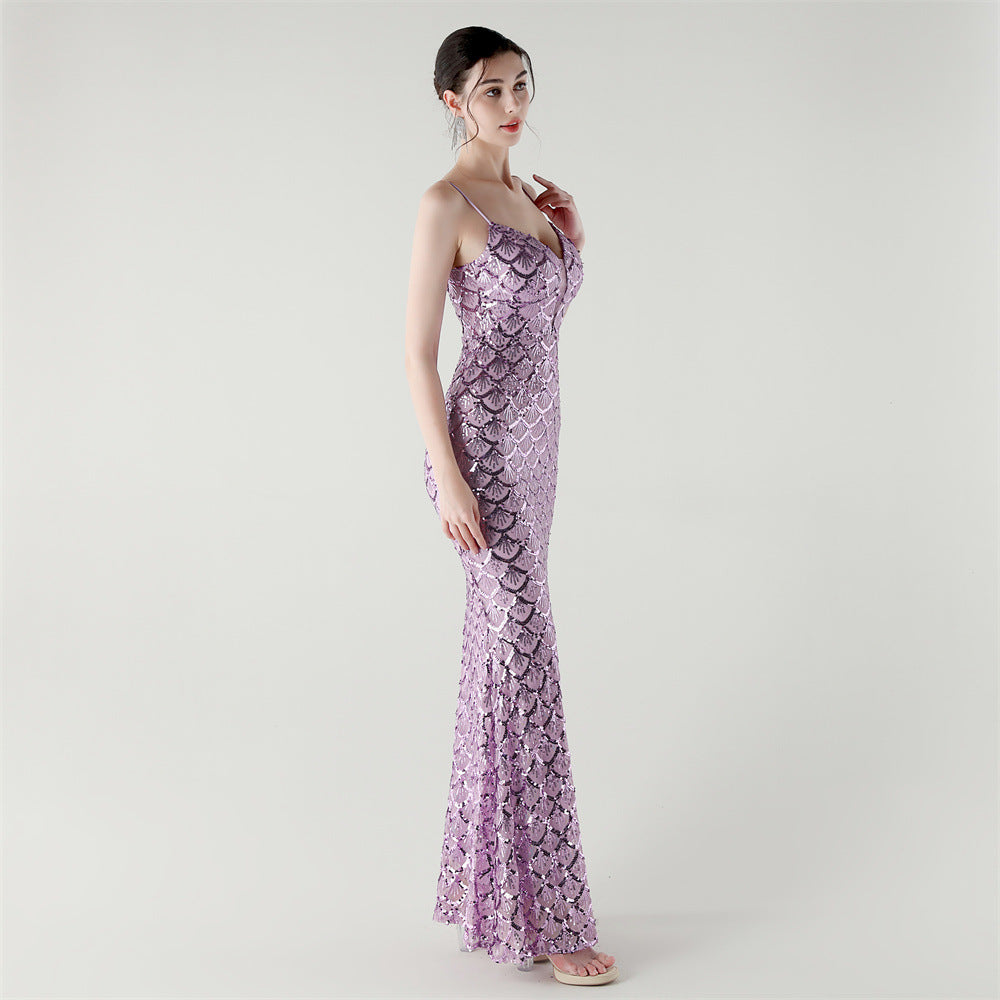 2025 Deep V Fish-Scale Sequin Gown for Formal Events