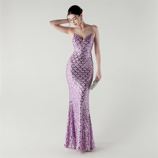 2025 Deep V Fish-Scale Sequin Gown for Formal Events