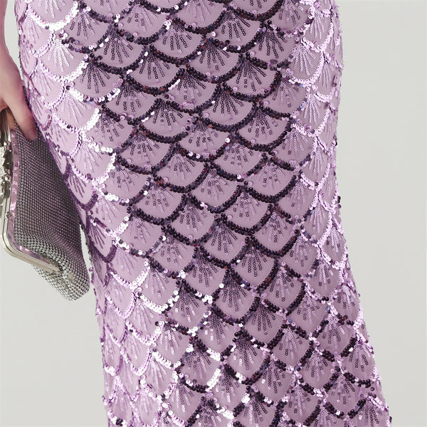 2025 Deep V Fish-Scale Sequin Gown for Formal Events