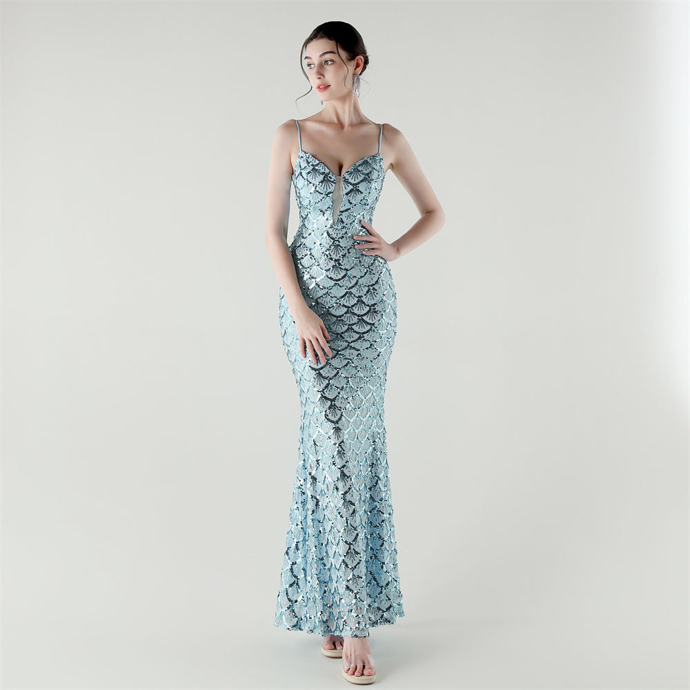 2025 Deep V Fish-Scale Sequin Gown for Formal Events