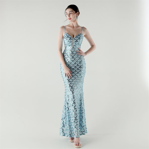 2025 Deep V Fish-Scale Sequin Gown for Formal Events
