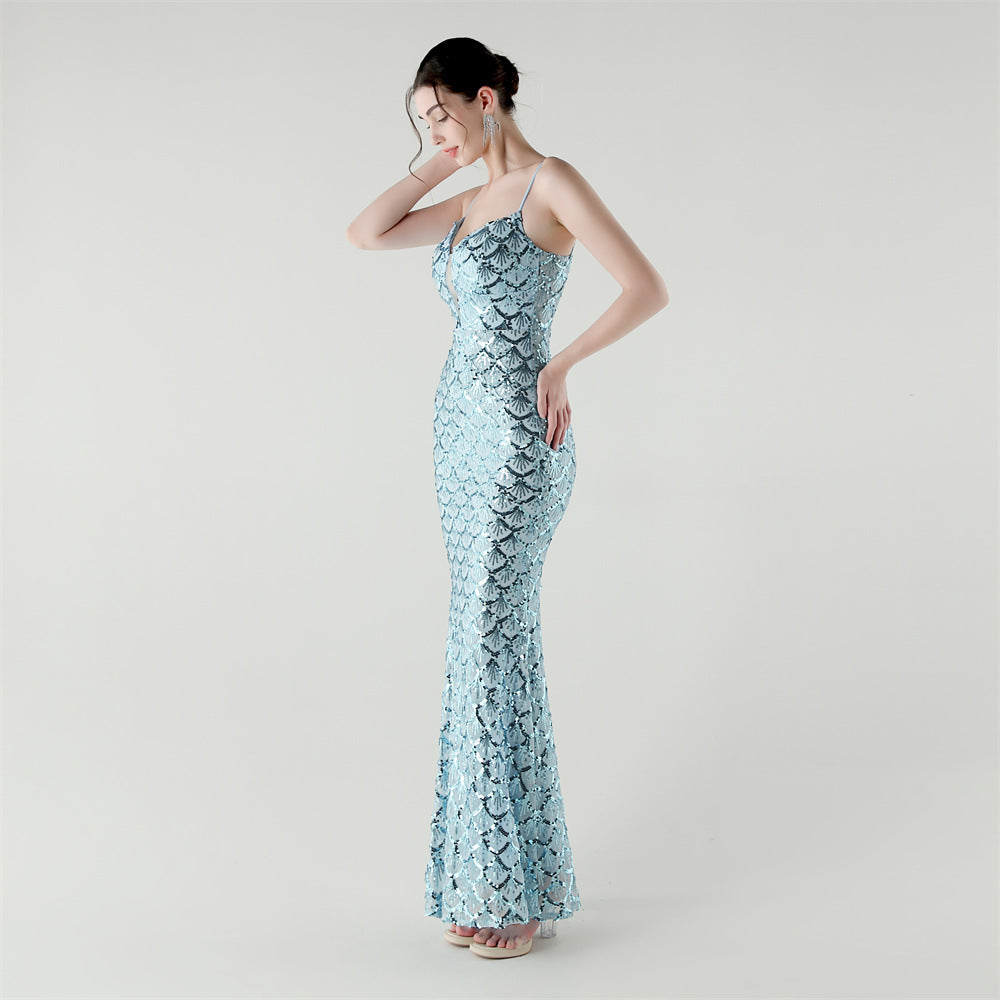 2025 Deep V Fish-Scale Sequin Gown for Formal Events