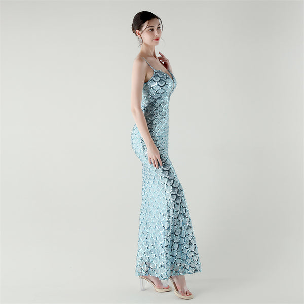 2025 Deep V Fish-Scale Sequin Gown for Formal Events