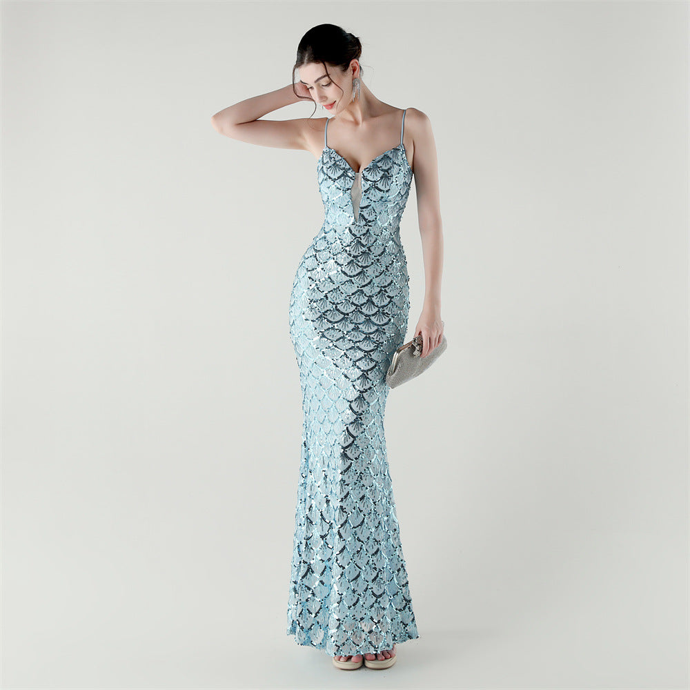 2025 Deep V Fish-Scale Sequin Gown for Formal Events