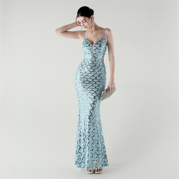 2025 Deep V Fish-Scale Sequin Gown for Formal Events