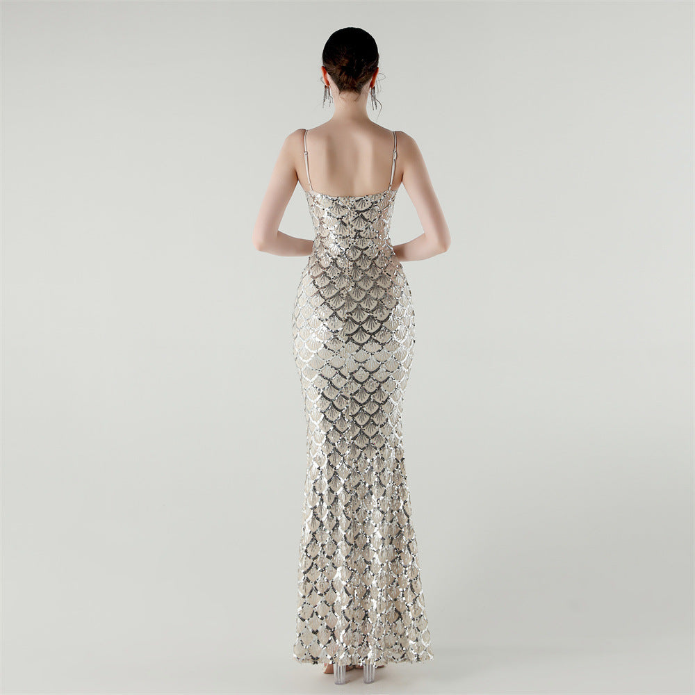 2025 Deep V Fish-Scale Sequin Gown for Formal Events