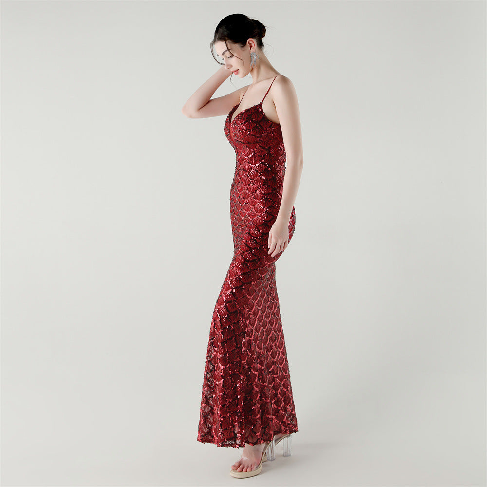2025 Deep V Fish-Scale Sequin Gown for Formal Events