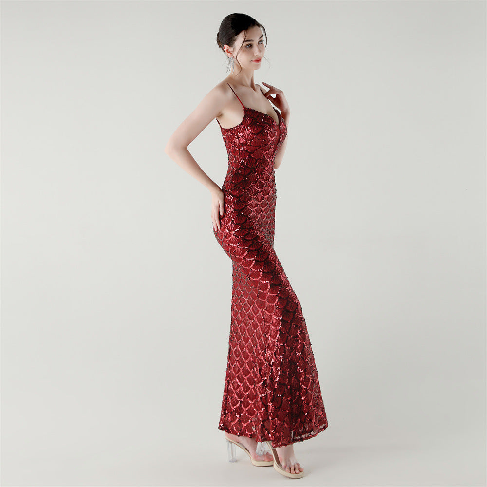 2025 Deep V Fish-Scale Sequin Gown for Formal Events