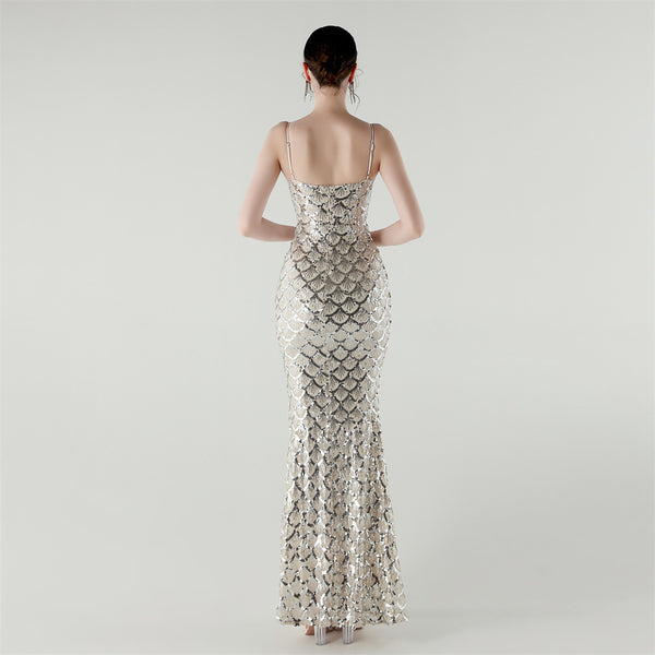 2025 Deep V Fish-Scale Sequin Gown for Formal Events