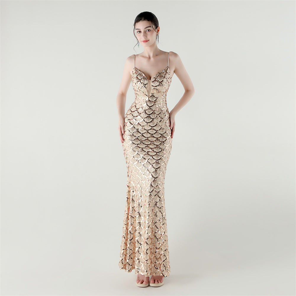 2025 Deep V Fish-Scale Sequin Gown for Formal Events