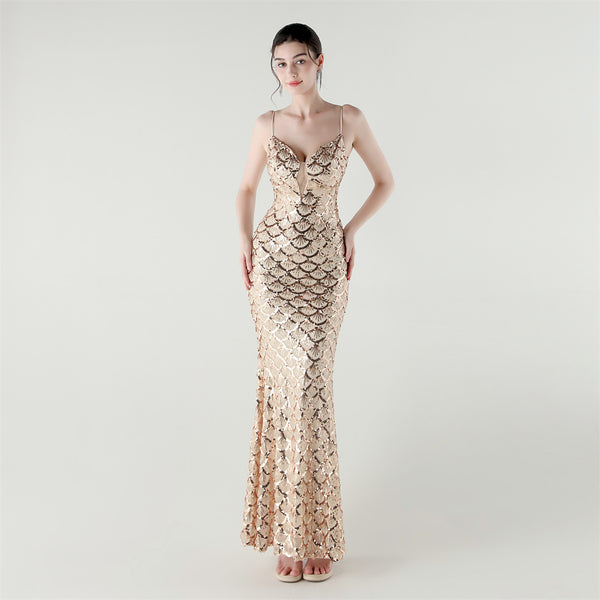 2025 Deep V Fish-Scale Sequin Gown for Formal Events