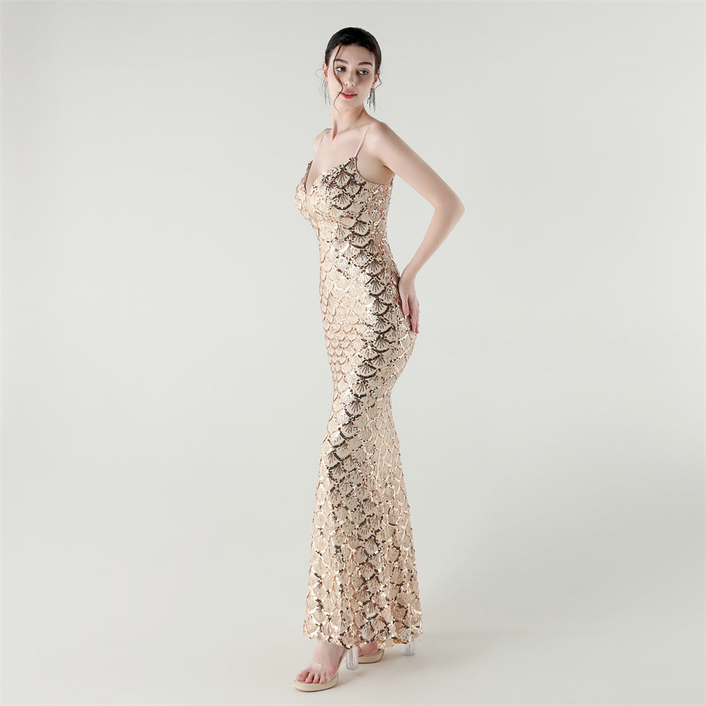 2025 Deep V Fish-Scale Sequin Gown for Formal Events