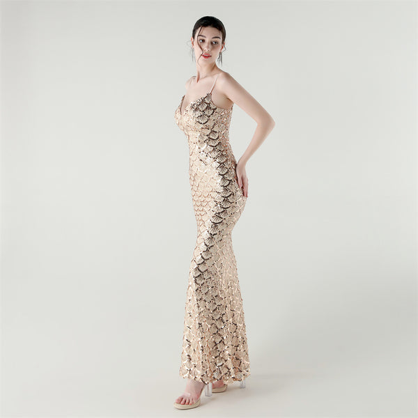 2025 Deep V Fish-Scale Sequin Gown for Formal Events
