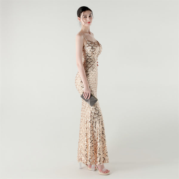 2025 Deep V Fish-Scale Sequin Gown for Formal Events