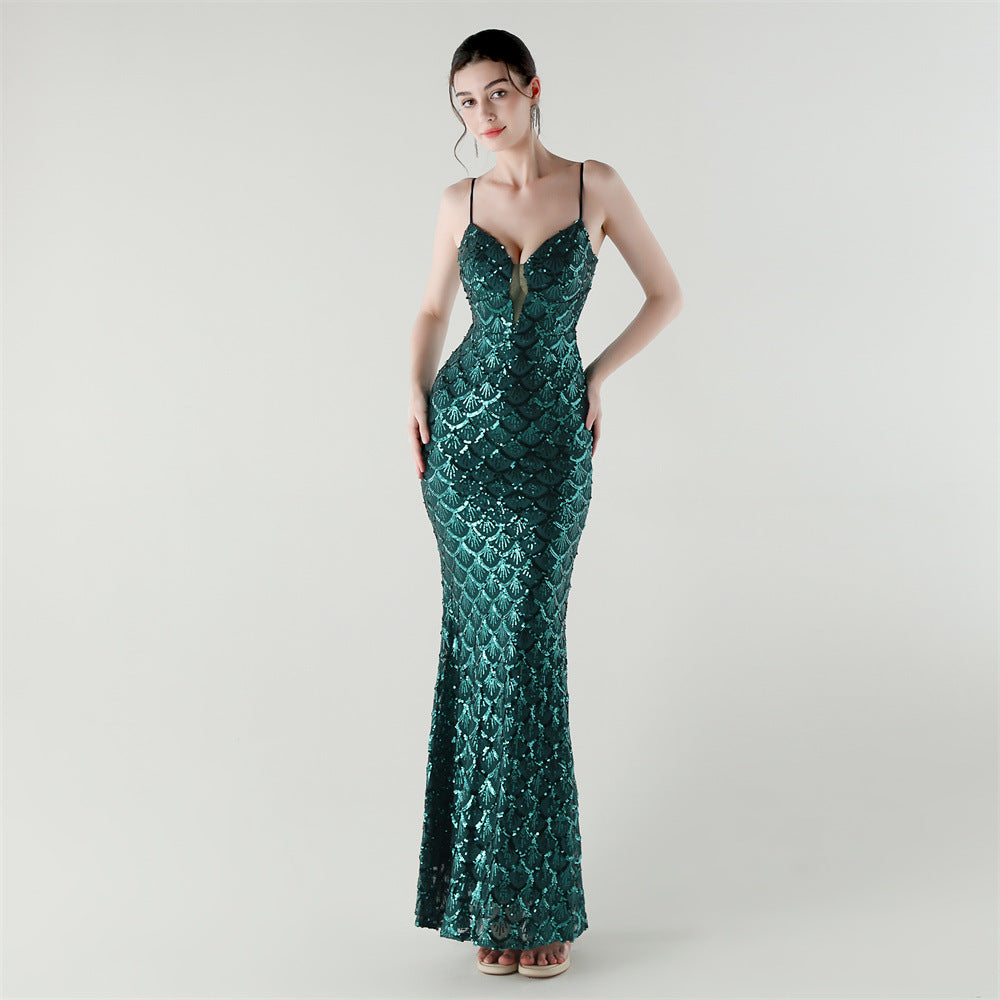 2025 Deep V Fish-Scale Sequin Gown for Formal Events