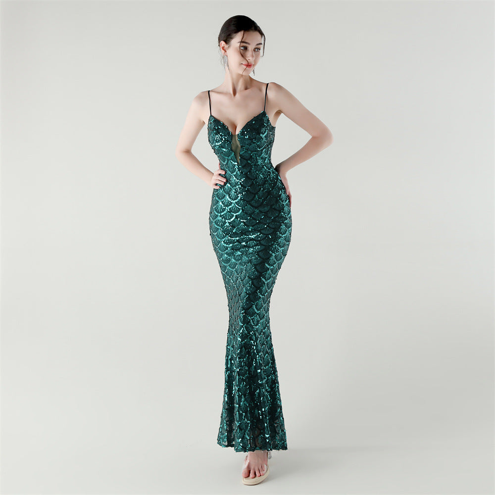 2025 Deep V Fish-Scale Sequin Gown for Formal Events