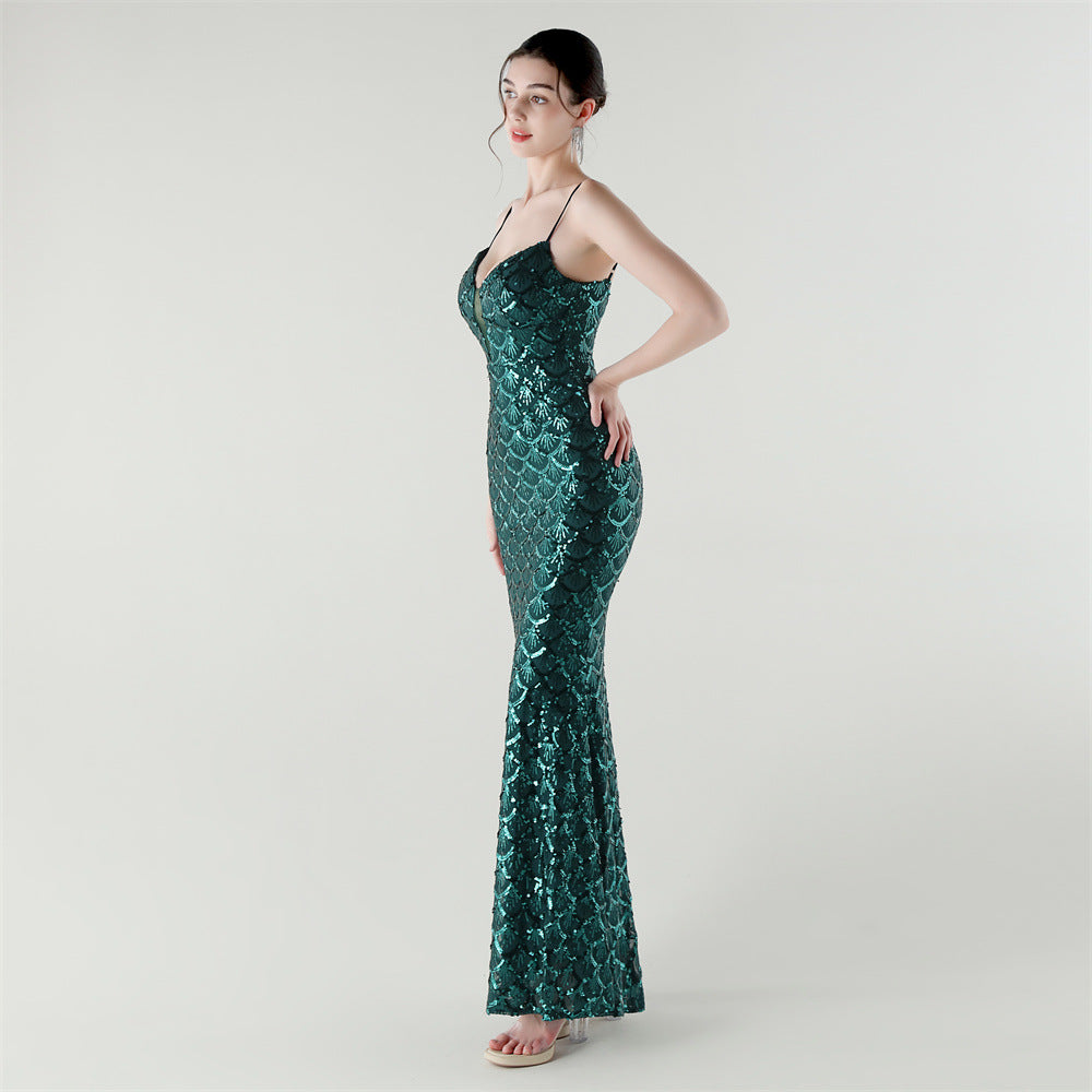 2025 Deep V Fish-Scale Sequin Gown for Formal Events