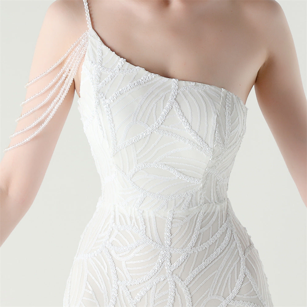 2025 One-Shoulder Sequin Gown with Crystal Chain Embroidery