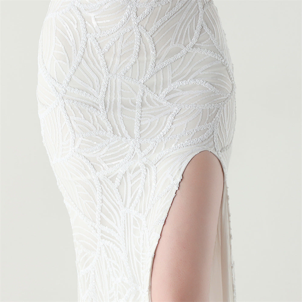 2025 One-Shoulder Sequin Gown with Crystal Chain Embroidery