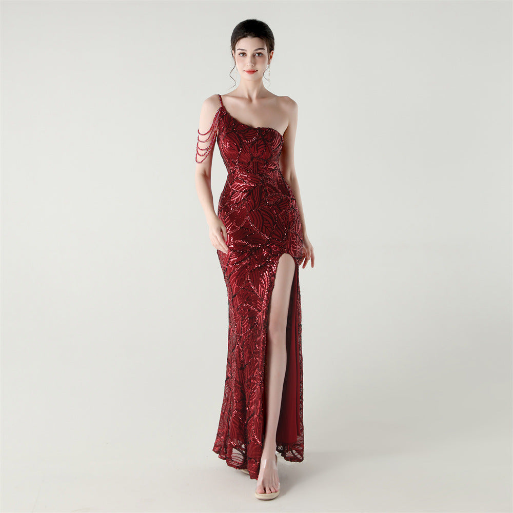 2025 One-Shoulder Sequin Gown with Crystal Chain Embroidery