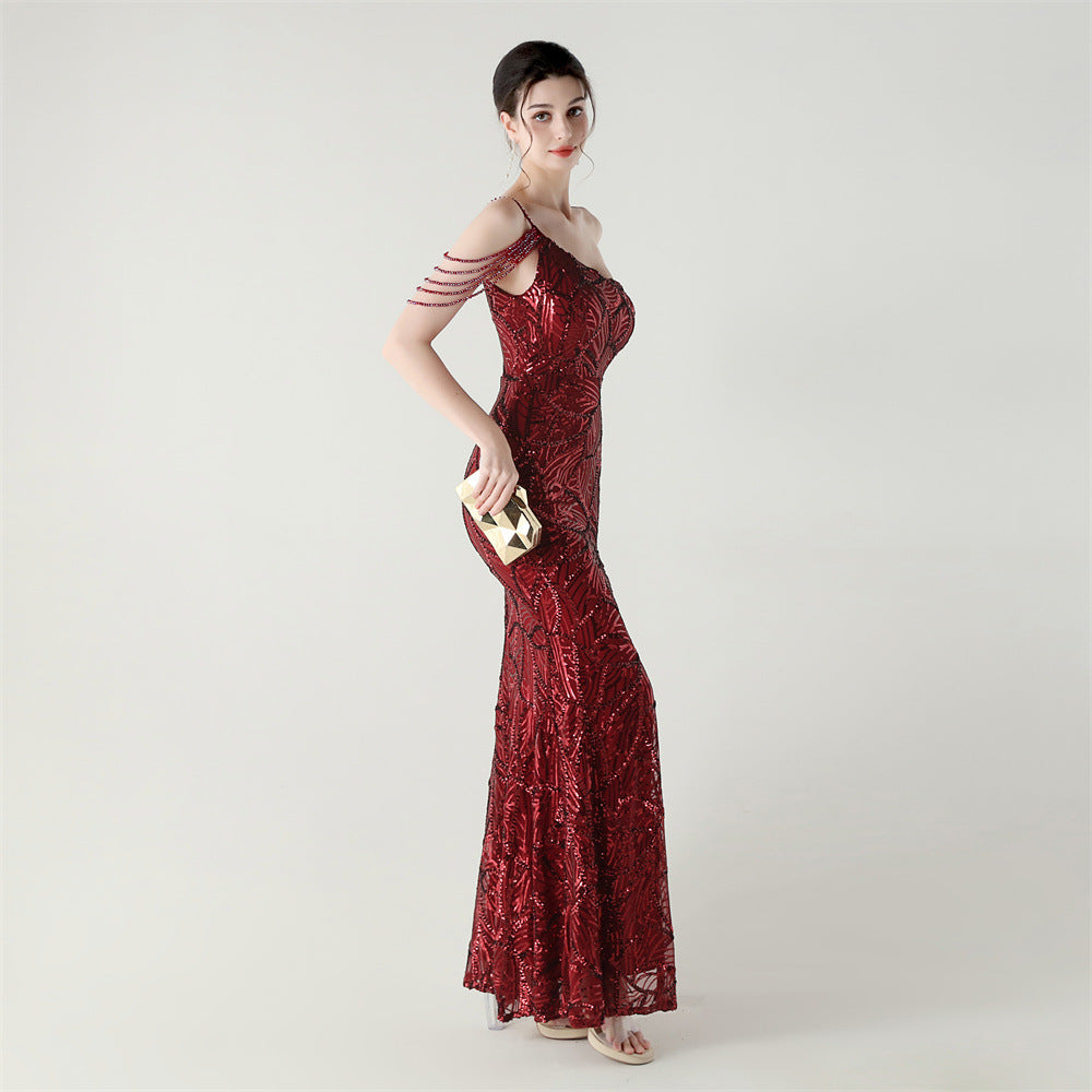2025 One-Shoulder Sequin Gown with Crystal Chain Embroidery