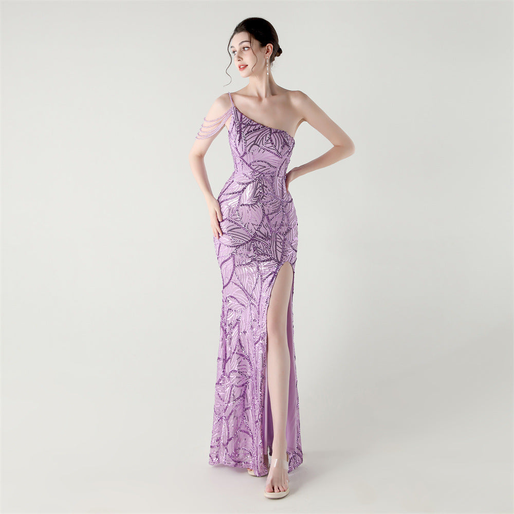 2025 One-Shoulder Sequin Gown with Crystal Chain Embroidery