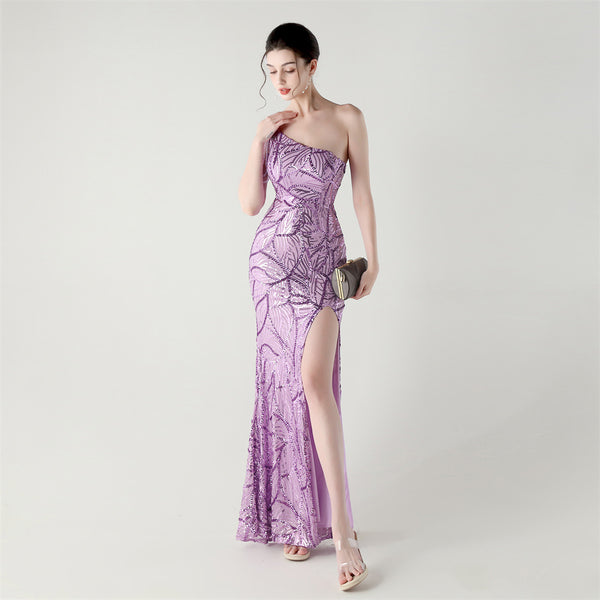 2025 One-Shoulder Sequin Gown with Crystal Chain Embroidery
