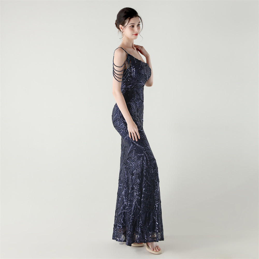 2025 One-Shoulder Sequin Gown with Crystal Chain Embroidery