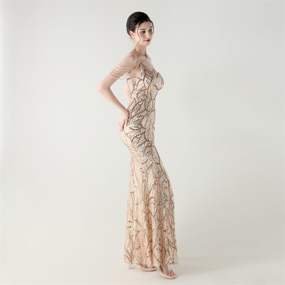 2025 One-Shoulder Sequin Gown with Crystal Chain Embroidery