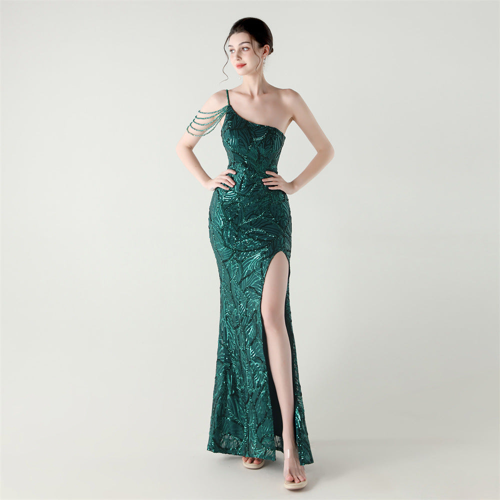 2025 One-Shoulder Sequin Gown with Crystal Chain Embroidery
