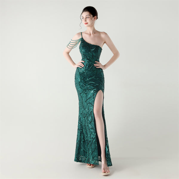 2025 One-Shoulder Sequin Gown with Crystal Chain Embroidery