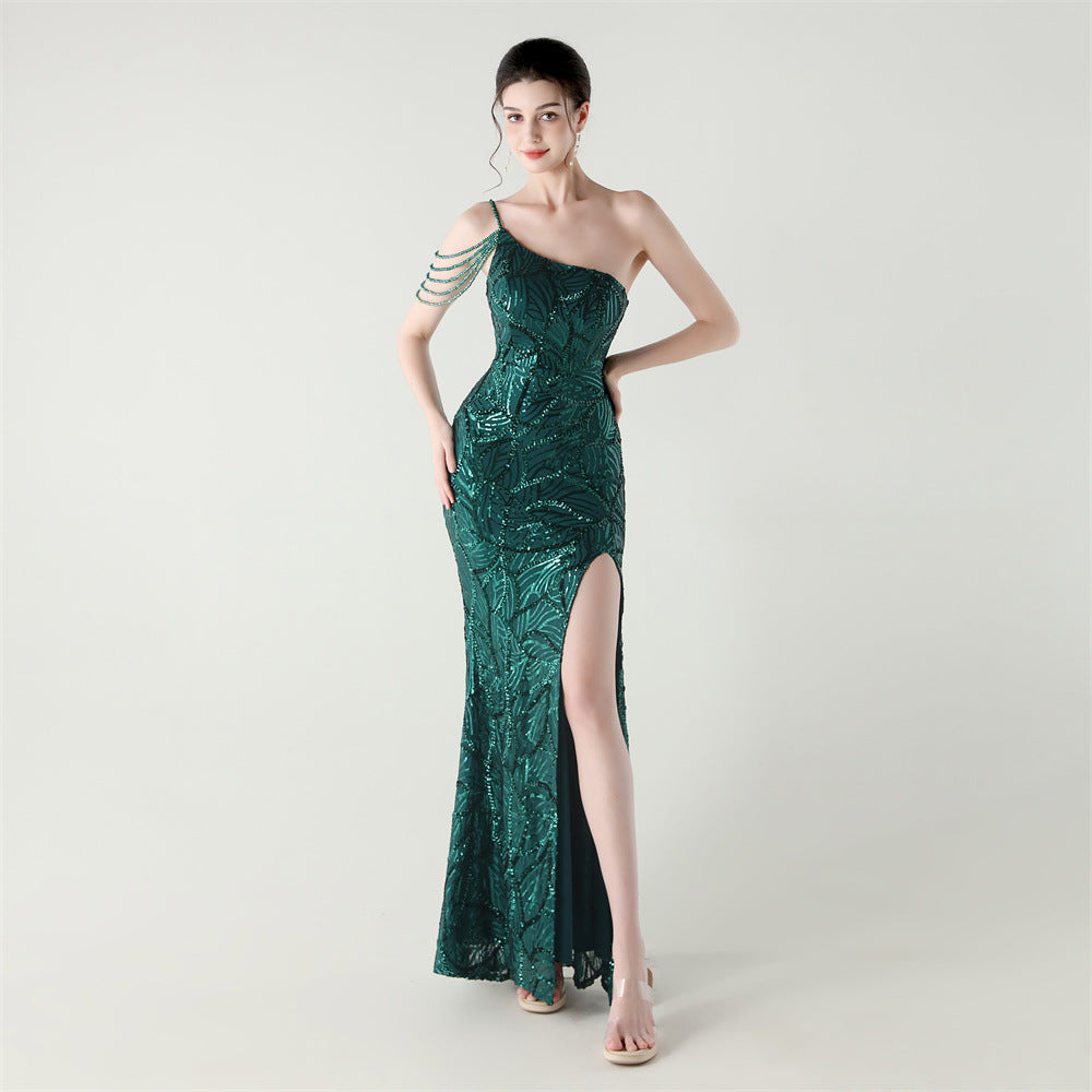 2025 One-Shoulder Sequin Gown with Crystal Chain Embroidery