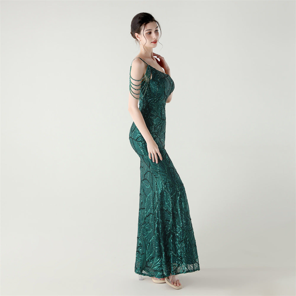 2025 One-Shoulder Sequin Gown with Crystal Chain Embroidery