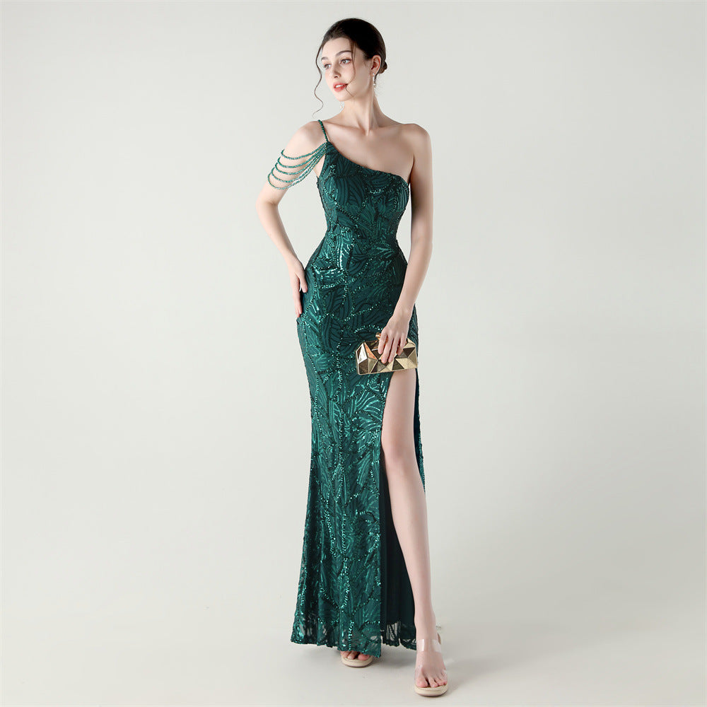 2025 One-Shoulder Sequin Gown with Crystal Chain Embroidery