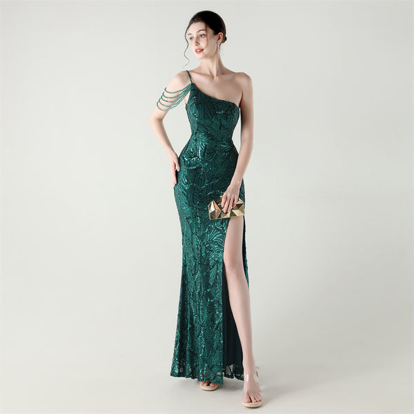 2025 One-Shoulder Sequin Gown with Crystal Chain Embroidery