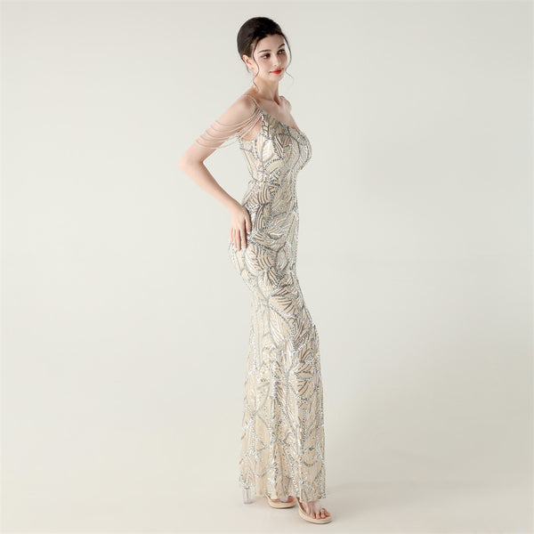2025 One-Shoulder Sequin Gown with Crystal Chain Embroidery