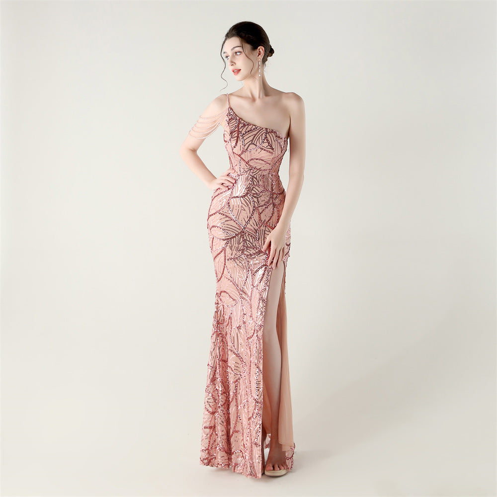 2025 One-Shoulder Sequin Gown with Crystal Chain Embroidery
